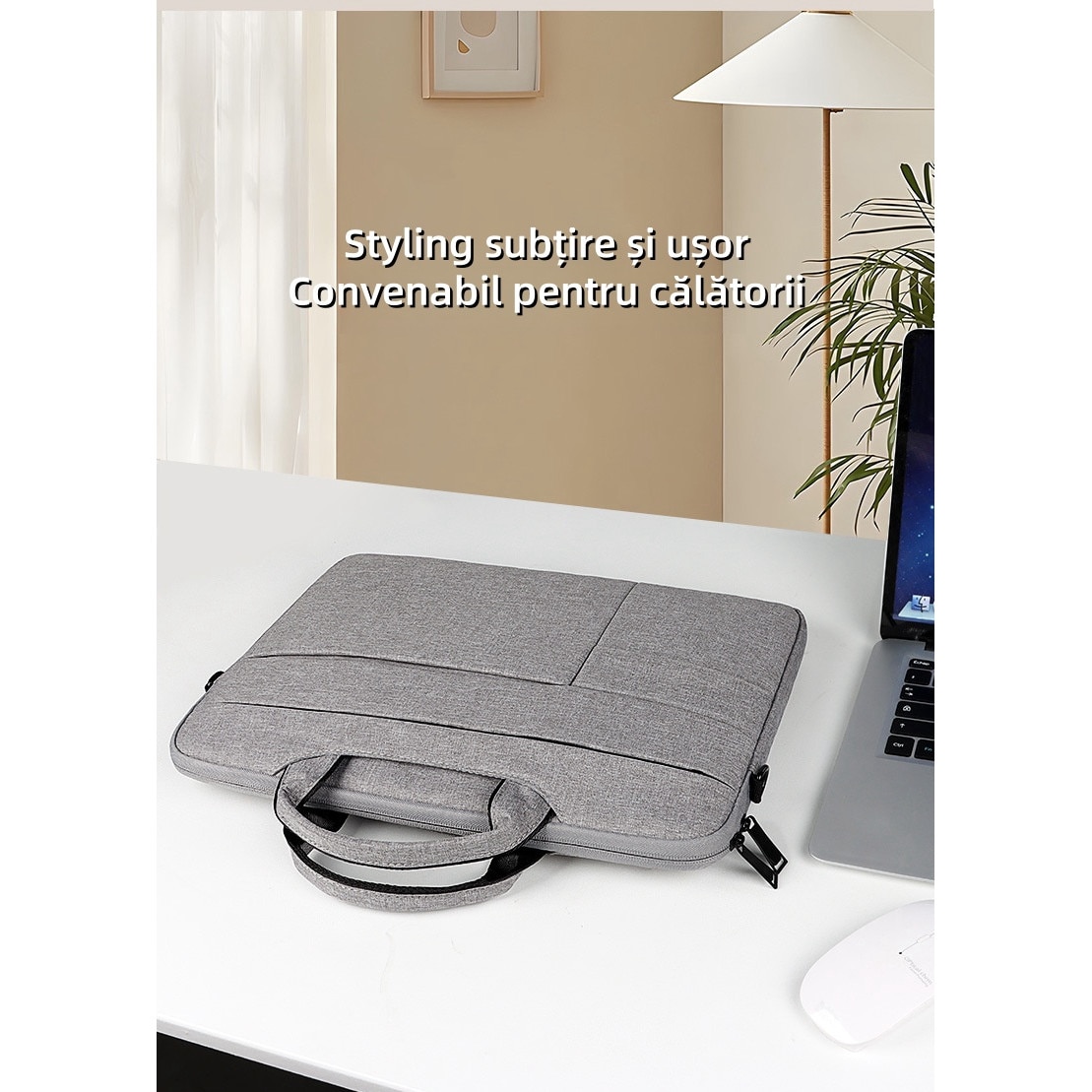 Geanta pentru laptop, 15.6 inch, panza Oxford, capacitate mare, captuseala interioara moale, rezistenta la apa si uzura, rezistenta la impact, gri deschis