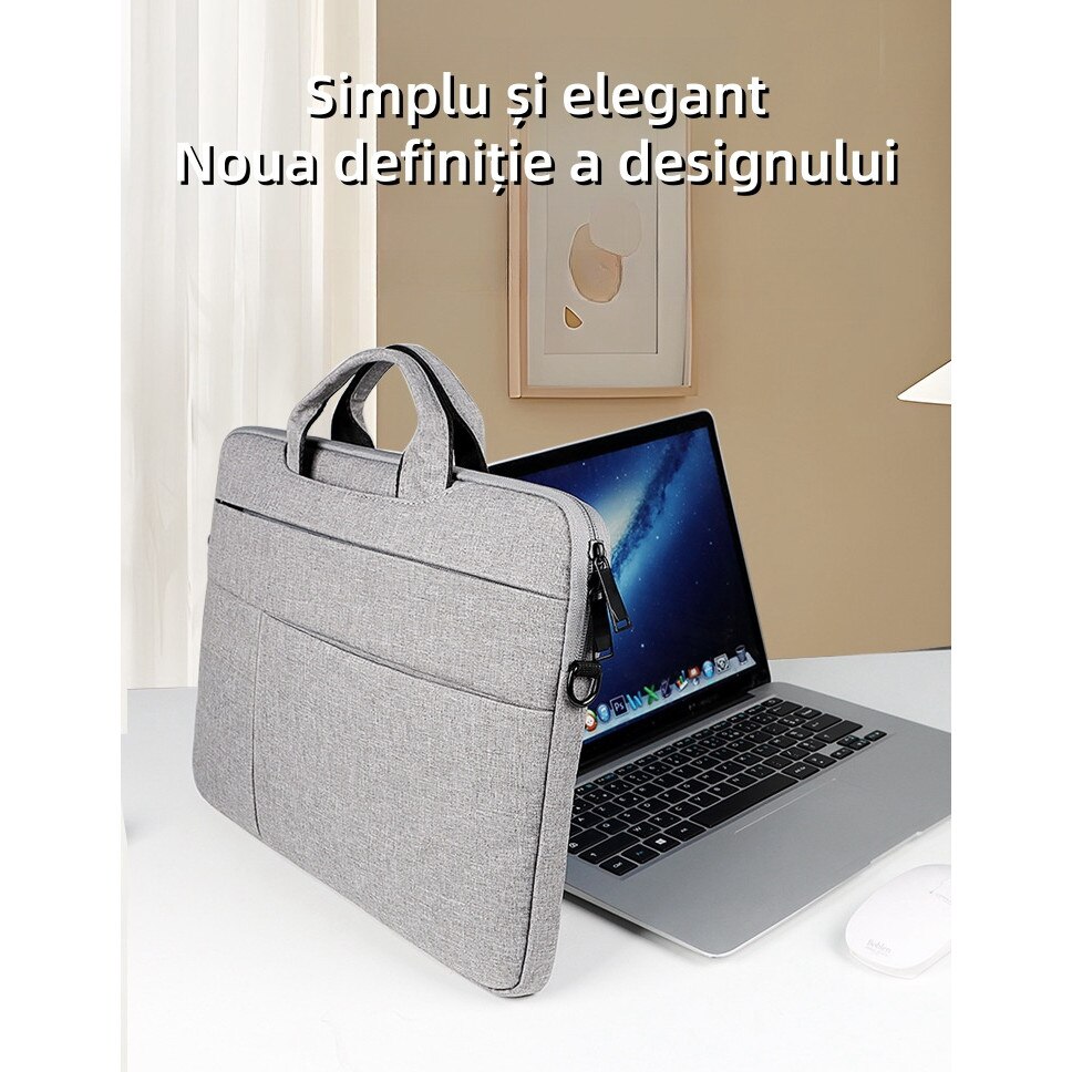 Geanta pentru laptop, 15.6 inch, panza Oxford, capacitate mare, captuseala interioara moale, rezistenta la apa si uzura, rezistenta la impact, gri deschis