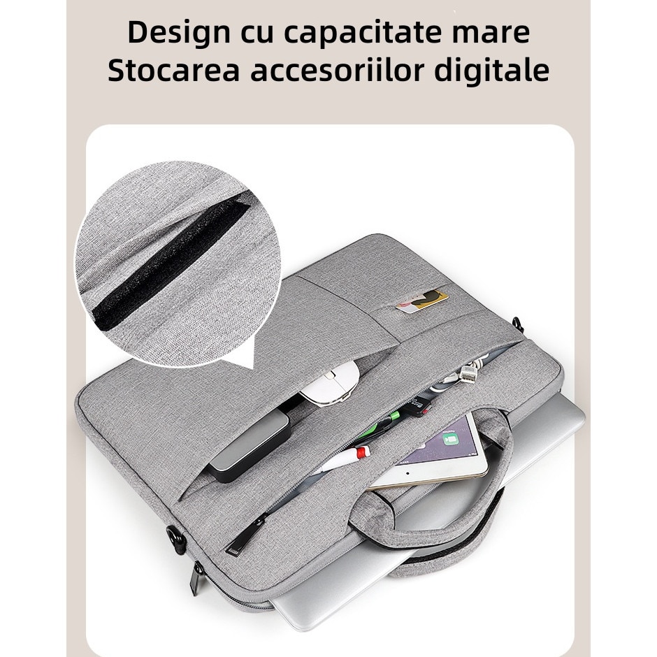 Geanta pentru laptop, 15.6 inch, panza Oxford, capacitate mare, captuseala interioara moale, rezistenta la apa si uzura, rezistenta la impact, gri deschis