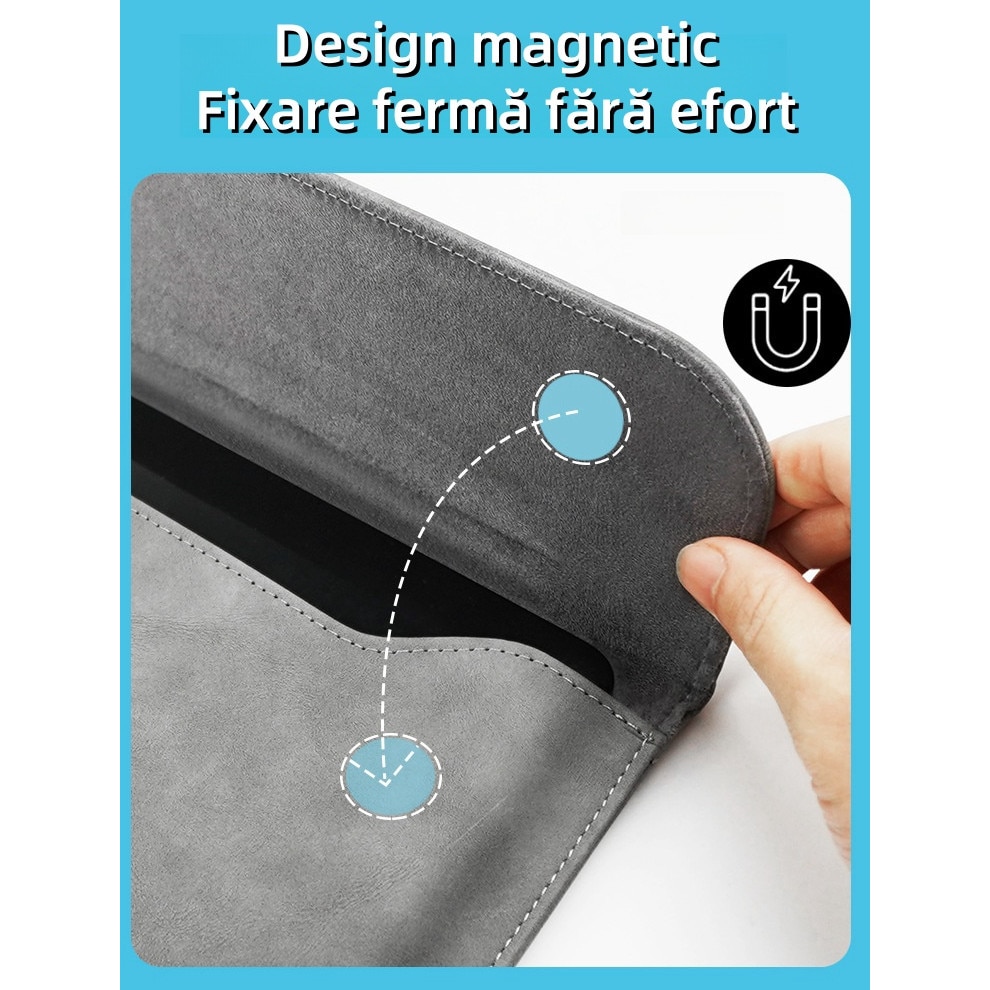 Geanta pentru laptop, 16 inch, material PU, capacitate mare, fara miros, aspiratie magnetica, design subtire si usor, impermeabil si rezistent la uzura, rezistenta la impact, gri inchis