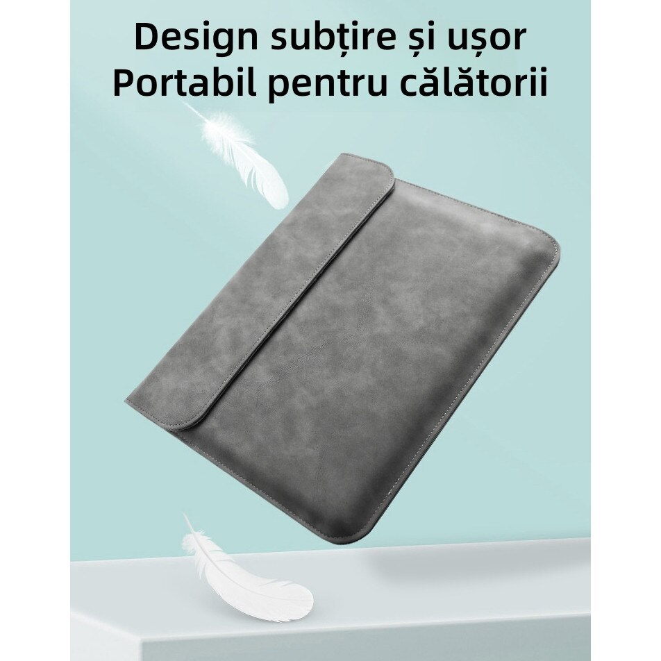 Geanta pentru laptop, 16 inch, material PU, capacitate mare, fara miros, aspiratie magnetica, design subtire si usor, impermeabil si rezistent la uzura, rezistenta la impact, gri inchis