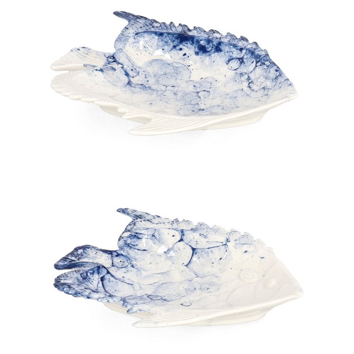 Set 2 platouri portelan alb albastru Fish 21x19x2.8 cm