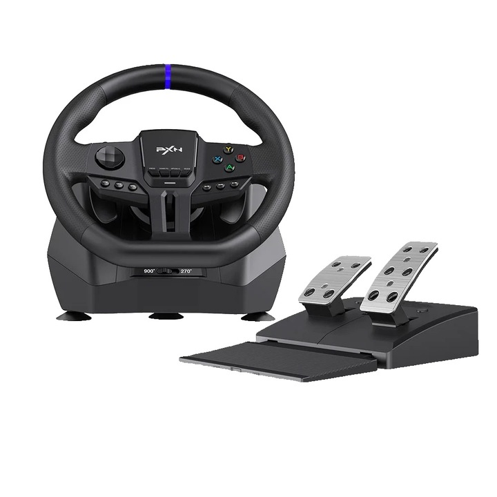 Volan de gaming, compatibilitate multiplatforma, rotatie personalizabila, set cu pedale, 11 inch