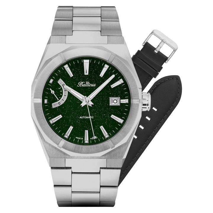 Ceas barbatesc Balticus, 40mm, automat, bratara din otel inoxidabil, culoare argintie si verde, rezistent la apa 200m