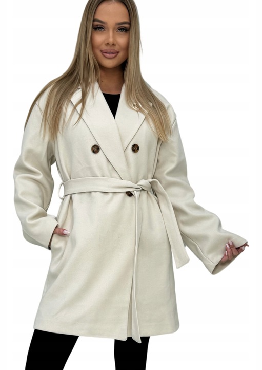 Palton dama, Och Bella, clasic, elegant, bej, fleece, 2 buzunare, curea