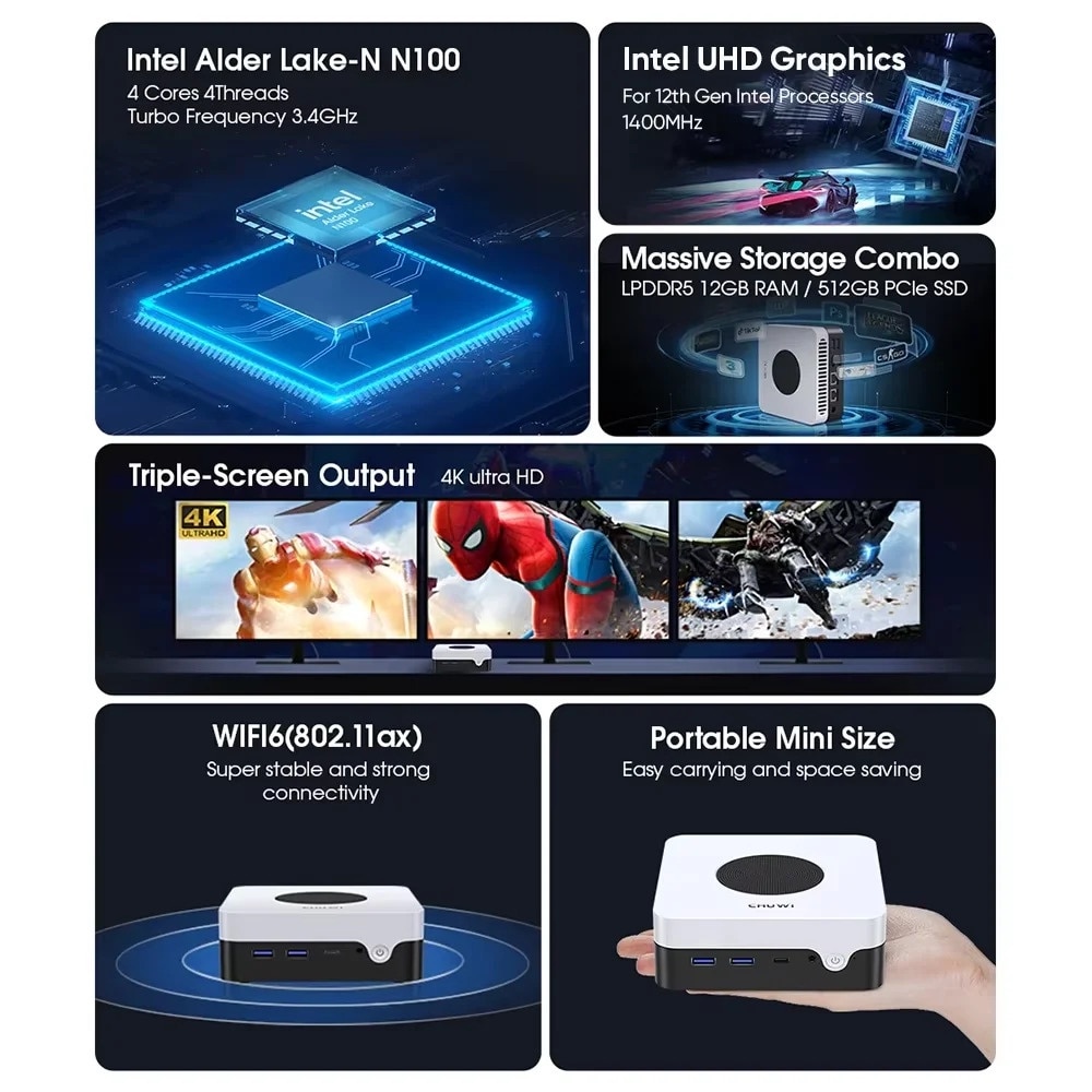 Mini PC, 12GB RAM, 512GB SSD, Intel N100, 127x127x49mm - eMAG.ro