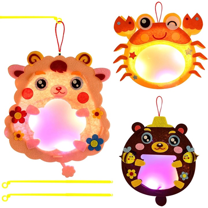 Set 3 lampioane creative pentru copii DAWRIS, cu LED si bete incluse, modele animale (crab, urs, miel), kit bricolaj din fetru