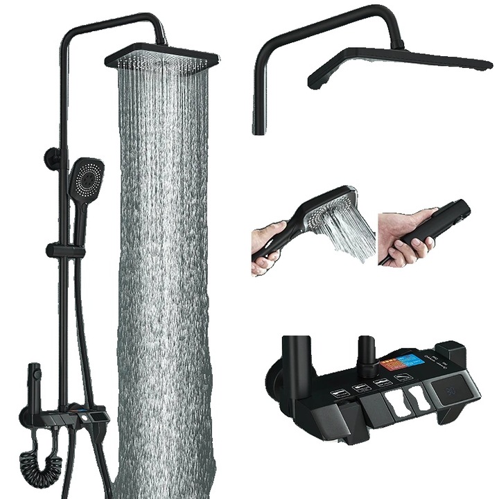 Coloana de dus, cap de dus tip ploaie, afisaj digital, negru, set cu dus de mana si spray tip pistol