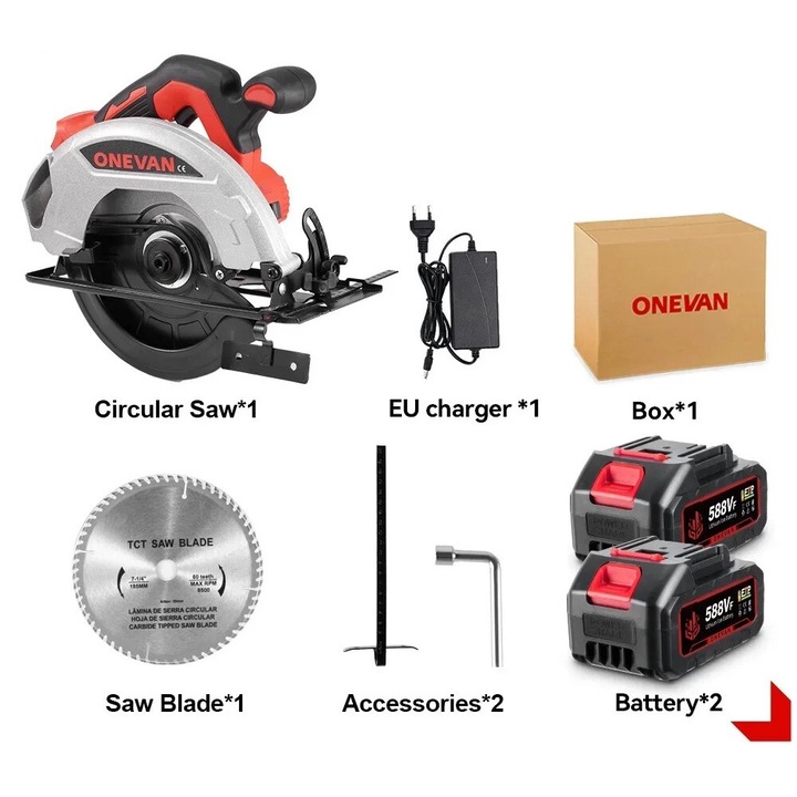 Циркуляр, ONEVAN, 4000 W изходна мощност, 11000 обороти в минута, 2 батерии 1 EU щепсел