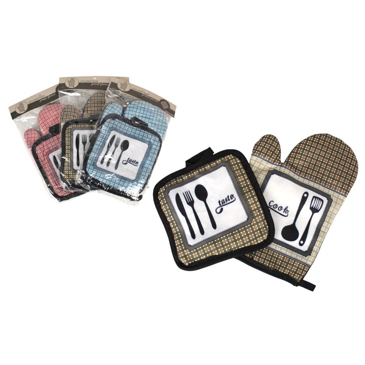 Sütőkesztyű, 7 és 7, készlet tartóval, 25x17cm, 16x16cm, vegyes színek