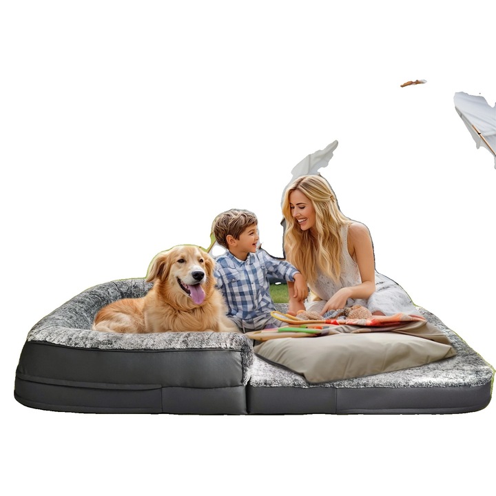 Culcus pentru caini de dimensiuni umane, design ergonomic, capac detasabil, gri inchis, 180x95x28cm