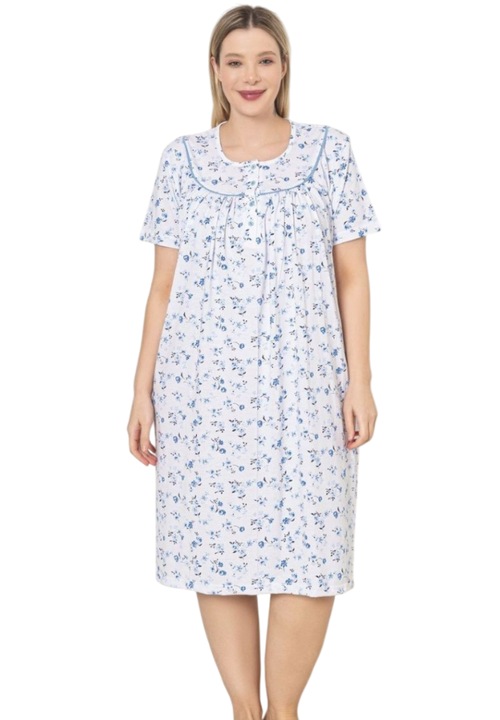 1Camasa de Noapte Bumbac, Maneca Scurta, Motiv Floral, Alb
