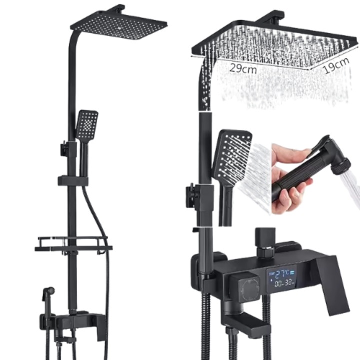 Baterie de dus cu afisaj digital, control termostatic, inaltime reglabila, apa calda si rece neagra