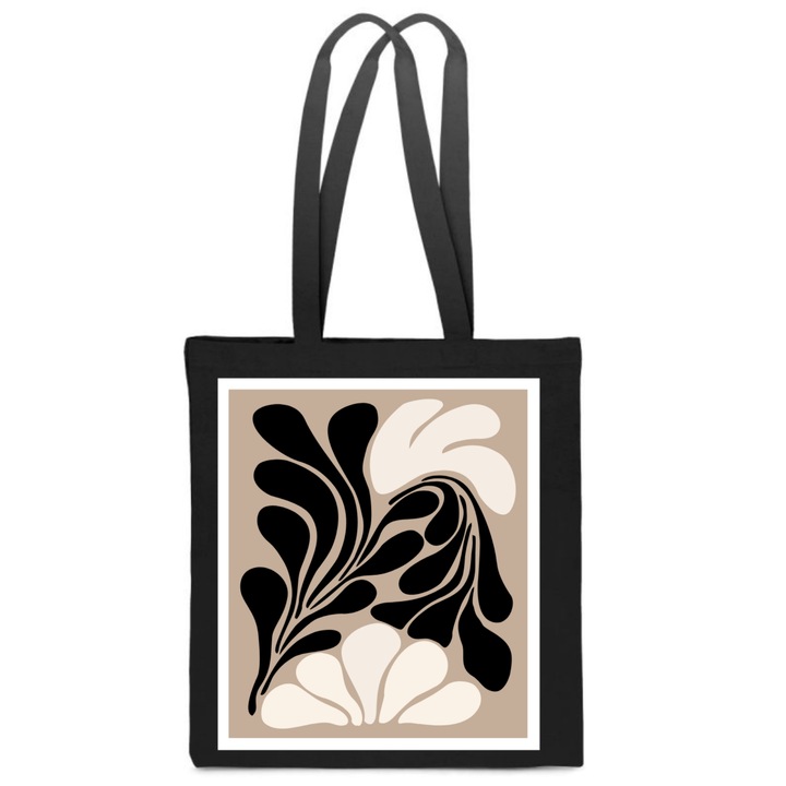 Női táska, cipzár modell, virágmintás, fekete/bézs, pamut