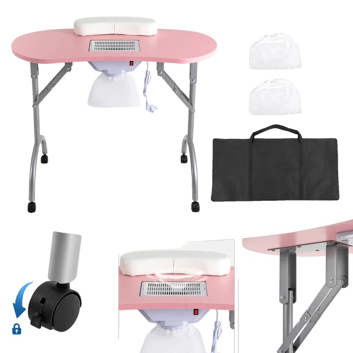 Masa de manichiura, constructie robusta din MDF, suport pentru incheietura, colector de praf, roz, 90x40x72.5cm