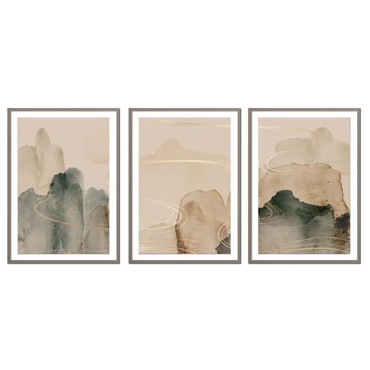 Картини PoStar, ТРИПТИХ Комплект от 3 КАРТИНИ В РАМКА, абстрактни, бежови, 73x53cm