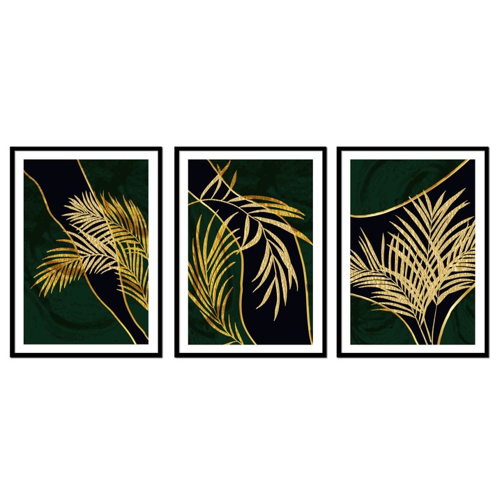Tablouri PoStar, set 3, palme aurii, frunze negre, 73x53cm
