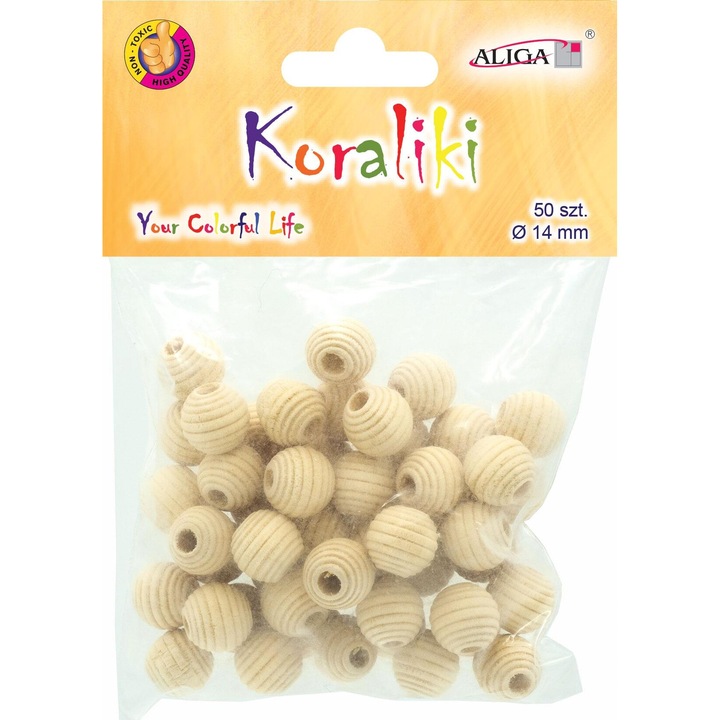Set de artizanat, Aliga, margele din lemn natural cu taieturi, 14mm, 50 bucati