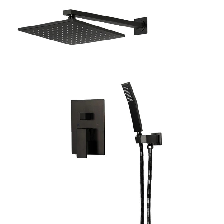 Set de dus incorporat, robinet cu dus de ploaie, dus de mana, 2 manere, ceramic, negru