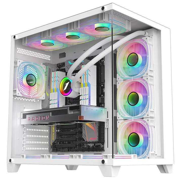 Sistem PC Gaming 1stPlayer® cu AMD Ryzen™ 7 9800X3D 5.2GHz, 104Mb cache, 64 GB DDR5, SSD 2 TB M.2, video GeForce® RTX™ 5080 16 GB GDDR7 DLSS4, 256 bit, liquid cooling, WiFi, RMV8W8W, Windows 11 Pro
