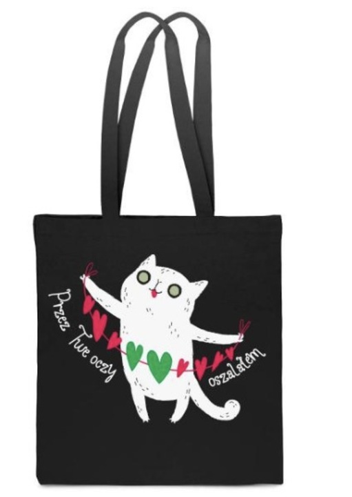 Női táska PoStar EKO TORBA Bawelniana fekete macskadizájnnal, 30x40cm, pamut
