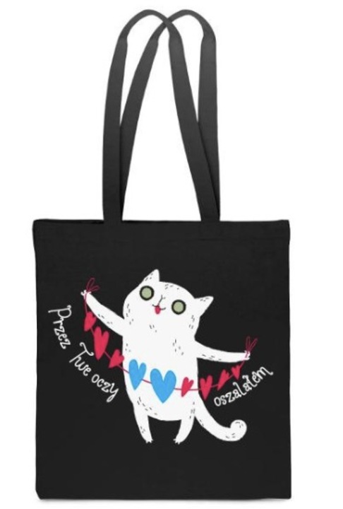Női táska PoStar EKO TORBA Bawelniana fekete, Valentin napi ajándéknak, macskadizájnnal, pamut