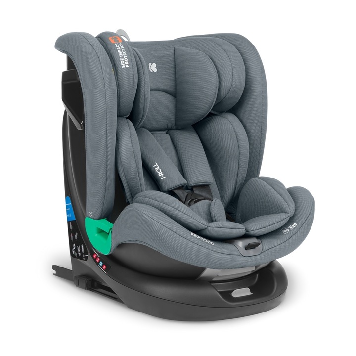 Столче за кола с Isofix KikkaBoo I-Roll I-SIZE Тъмно сиво 40-150 см, Одобрено R129, SPS-Защита при страничен удар, Ограничителна греда, Горна каишка, Въртяща се седалка, Регулируема облегалка, Регулируема облегалка за глава в 24 позиции с мемори пяна