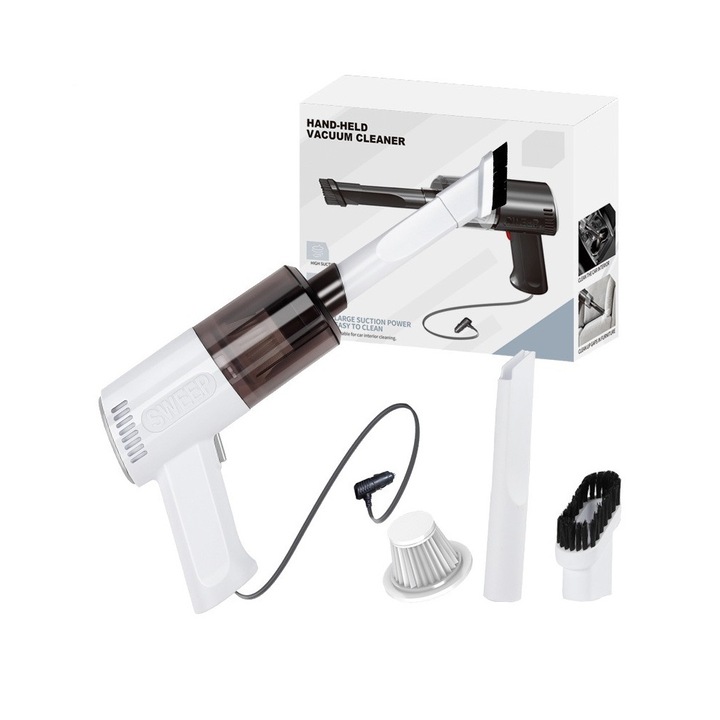 Aspirator portabil de mana, Comando Home, Pentru Masina si Casa, Functie Turbo, Aspirare Umeda / Uscata, Accesorii Incluse, Alimentare Cablu Auto, Alb Nature