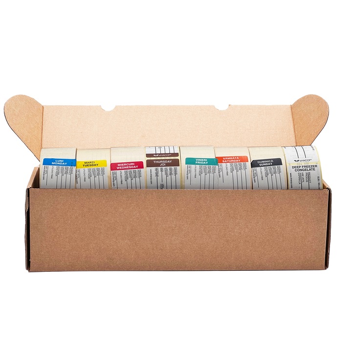 Set 8 role, etichete autoadezive HACCP in limba romana, zilele saptamanii + congelare