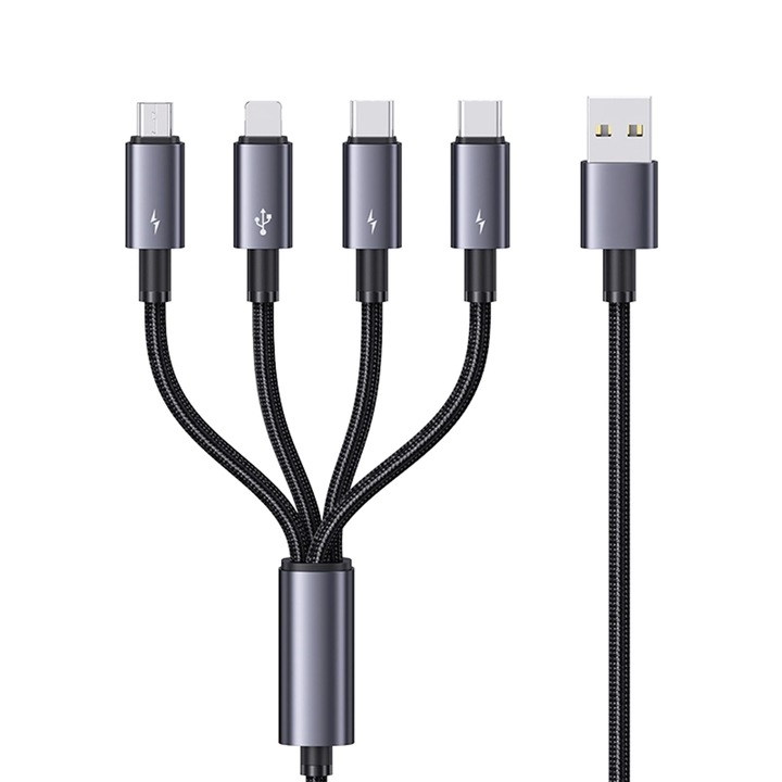 4 в 1 кабел за зареждане и пренос на данни, Timebox, 480 Mbps, бързо зареждане 15 W, 1,2 m, 2 x USB-C, Micro USB, Lightning, USB, вграден смарт дисплей, съвместим с Macbook, Android, Samsung, Huawei, Xiaomi, сив