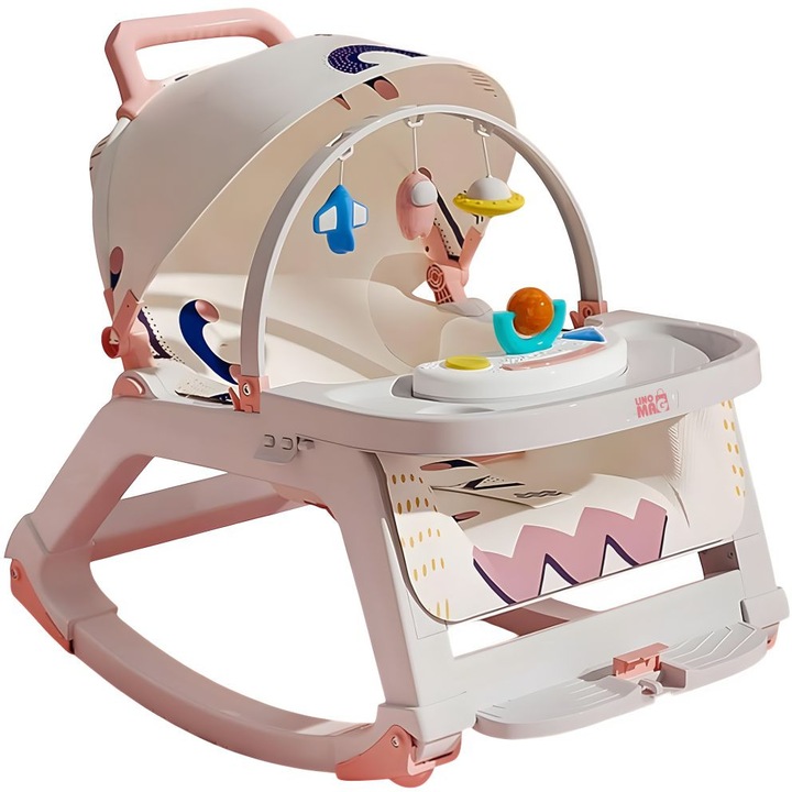 Balansoar Multifunctional 5 in 1 Linomag®, Scaun de Masa, Carucior, Masuta Ajustabila & Detasabila, Spatar Rabatabil, Coperina Ajustabila, Jucarii Detasabile, Buzunar Depozitare, Centura de Siguranta, 0-36 Luni, Roz