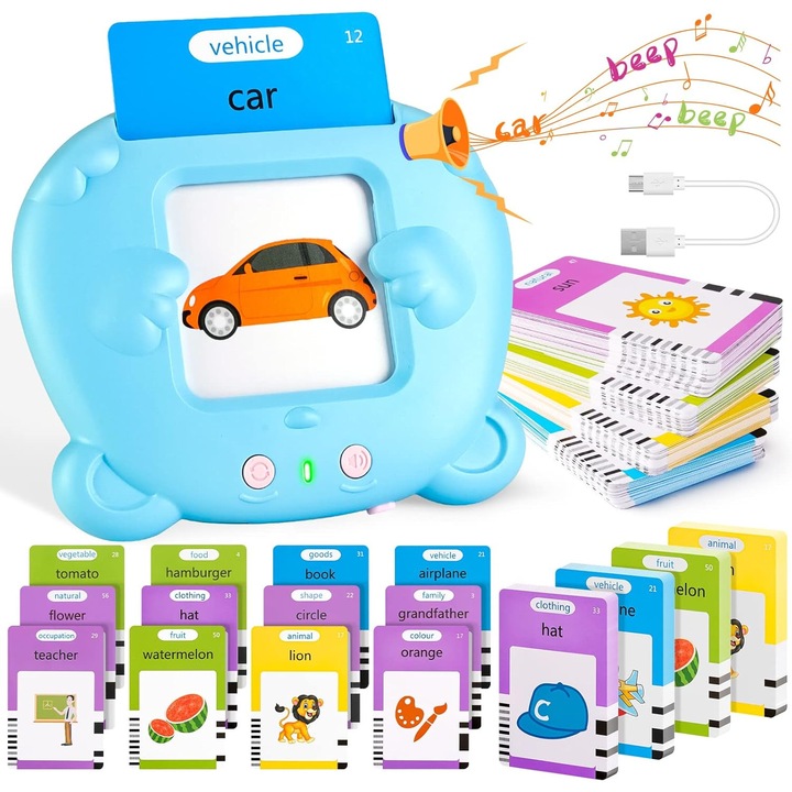Jucarie educativa Montessori pentru copii, Set masina de invatare cuvinte in limba engleza, Talking Educational Cards, Pronuntie Clara, Efecte Sonore Realiste, Consolidarea Memoriei,112 foi, 224 cuvinte,,2 ani+, Albastru