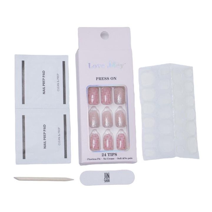 LOVE JOEY rányomható műköröm szett, szögletes, ezüst és rózsaszín, kényelmes