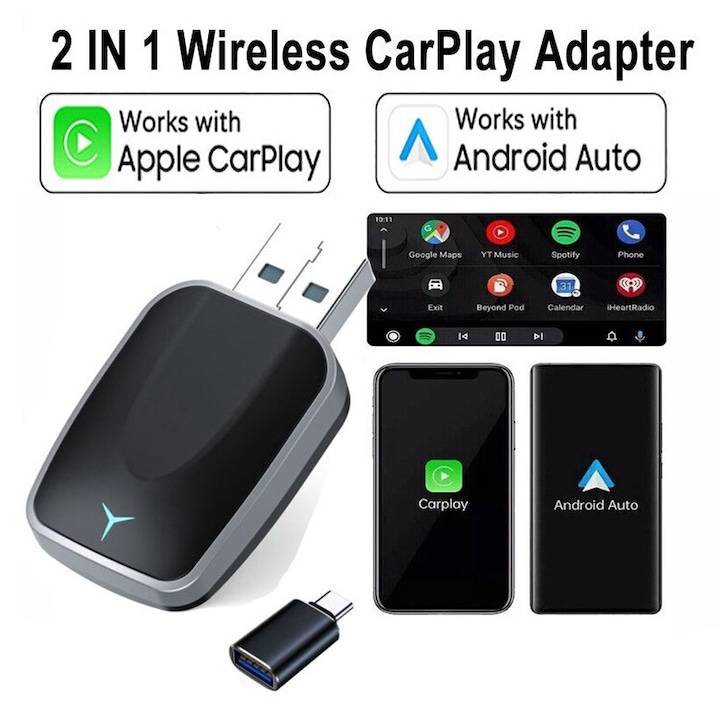 Adaptor auto wireless 2 in 1 iPhone Carplay, pentru Android Auto, conexiune BT si WiFi, 5GHz, Arginitiu, Zonabther999®