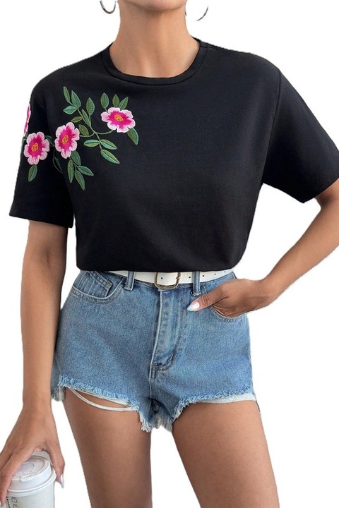 Tricou Dama, Croiala Regular Fit, Decorat Cu Broderie Florala, Negru