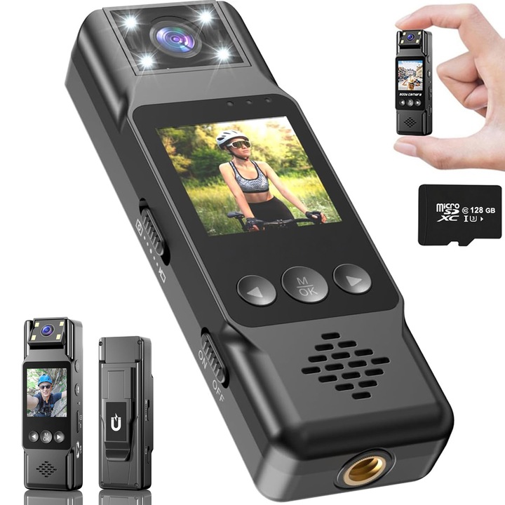 Camera Video Corporala 4K UHD, BYONDSELF®, 128 GB，Camera Video Sport, 1.3 Inch Full Color, Audio Bidirectional, Night Vision, Senzor De Detectie, 1200mAh, Inregistrare in Bucla, Negru