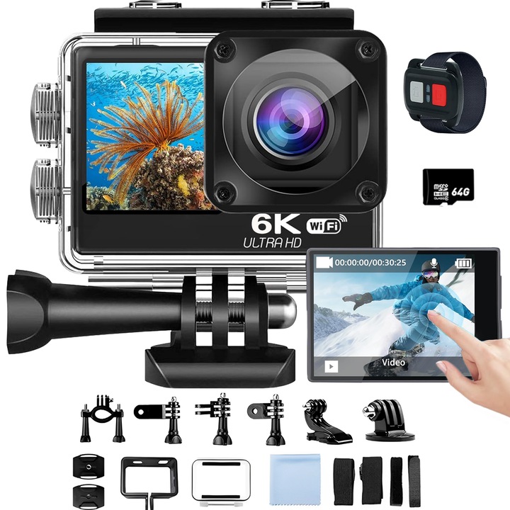 BYONDSELF® WiFi спортна видеокамера, Sony 6K HD подобрена камера, 1,3, 2,0 инча двойна камера, сензорен екран, 30 метра водоустойчив, EIS антивибрационен, с 64G карта с памет