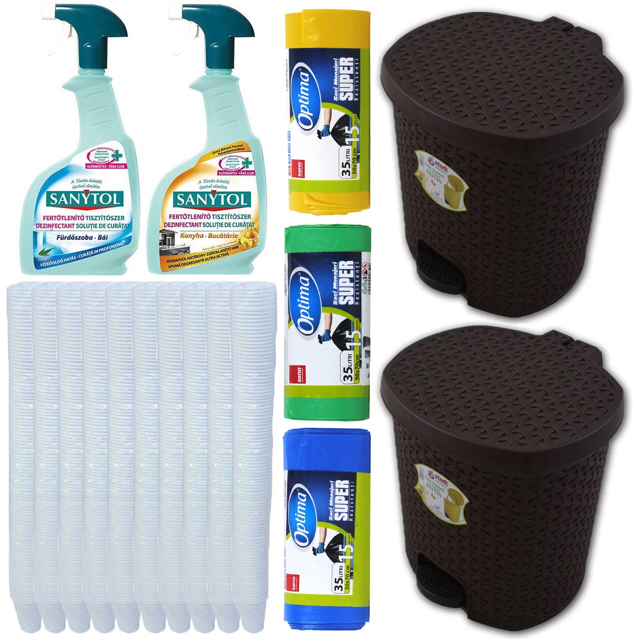 Pachet - 10 x Set Pahare albe de unica folosinta, 160ml, 100buc/Set + 2 x Cos de gunoi cu pedala, 5L + 3 x Sano Optima, Saci menajeri, 35L + 2 x Sanytol dezinfectant pentru baie si bucatarie, 500ml