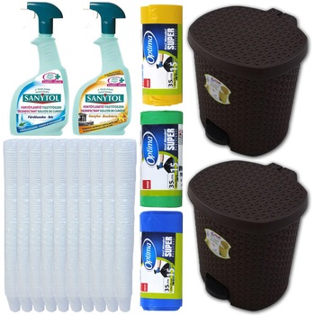 Pachet - 10 x Set Pahare albe de unica folosinta, 160ml, 100buc/Set + 2 x Cos de gunoi cu pedala, 5L + 3 x Sano Optima, Saci menajeri, 35L + 2 x Sanytol dezinfectant pentru baie si bucatarie, 500ml Pachet - 10 x Set Pahare albe de unica folosinta, 160ml, 100buc/Set + 2 x Cos de gunoi cu pedala, 5L + 3 x Sano Optima, Saci menajeri, 35L + 2 x Sanytol dezinfectant pentru baie si bucatarie, 500ml