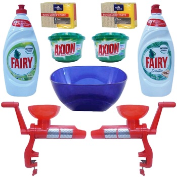 Pachet - 2 x Masina de tocat rosii + Bol patrat din plastic Nr.4, Cristal, Albastru, 4L + 2 x Detergent vase, Fairy sensitive, 900ml (Mar verde, Menta) + 2 x Axion Lemon, 400g + 4 x Bureti de vase Pachet - 2 x Masina de tocat rosii + Bol patrat din plastic Nr.4, Cristal, Albastru, 4L + 2 x Detergent vase, Fairy sensitive, 900ml (Mar verde, Menta) + 2 x Axion Lemon, 400g + 4 x Bureti de vase