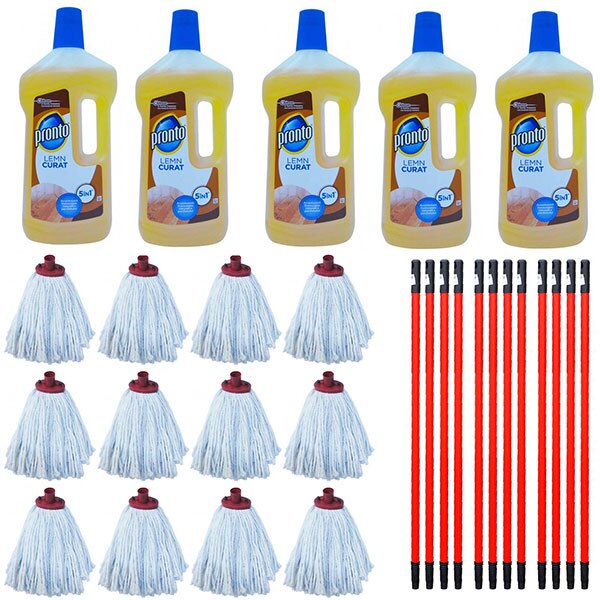 Pachet - 12 x Mop Bumbac, 160g + 12 x Coada extensibila pentru mop sau matura + 5 x Pronto pentru lemn, 750ml