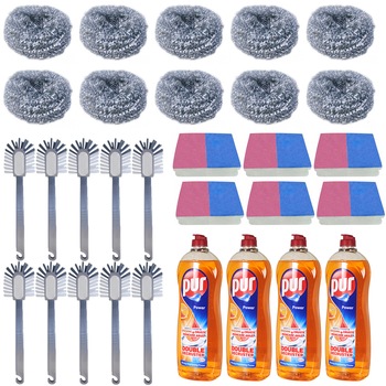 Pachet - 10 x Perie pentru spalat vase + 10 x Burete de sarma + 6 x Bureti de vase + 4 x Pur detergent de vase, Power orange and grapefruit, 750ml Pachet - 10 x Perie pentru spalat vase + 10 x Burete de sarma + 6 x Bureti de vase + 4 x Pur detergent de vase, Power orange and grapefruit, 750ml