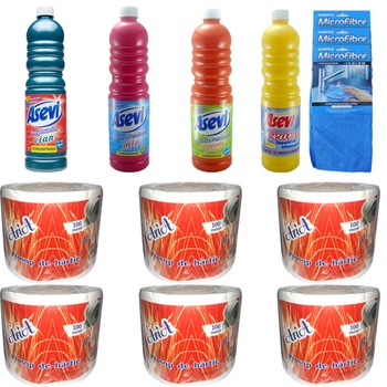 Pachet - 6 x Rola prosop pentru bucatarie, 100 m + 3 x Laveta MicroFibra + Asevi ceara impotriva alunecarii, 1L + Asevi solutie pardoseli, cian, 1L + Asevi solutie pardoseli, mio, 1L + Asevi solutie pardoseli, portocala, 1L Pachet - 6 x Rola prosop pentru bucatarie, 100 m + 3 x Laveta MicroFibra + Asevi ceara impotriva alunecarii, 1L + Asevi solutie pardoseli, cian, 1L + Asevi solutie pardoseli, mio, 1L + Asevi solutie pardoseli, portocala, 1L