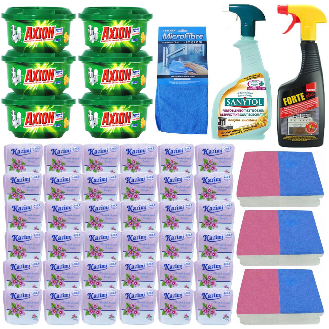 Pachet - 36 x Servetele de masa extrafine, 100buc/set + 3 x Set bureti de vase, 2buc/set + Sano Forte pentru aragaz, 500ml + Dezinfectant bucatarie, Sanytol, 500ml + 6 x Axion Detergent solid, lamaie, 400g + Laveta MicroFibre