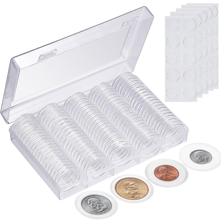 100 capsule de monede de 30 mm, Noonedibs, Rezistent la praf si antioxidare, cu spuma de protectie, Usor de transportat, colectia de cutii de monede de dolar de argint, plastic, transparent