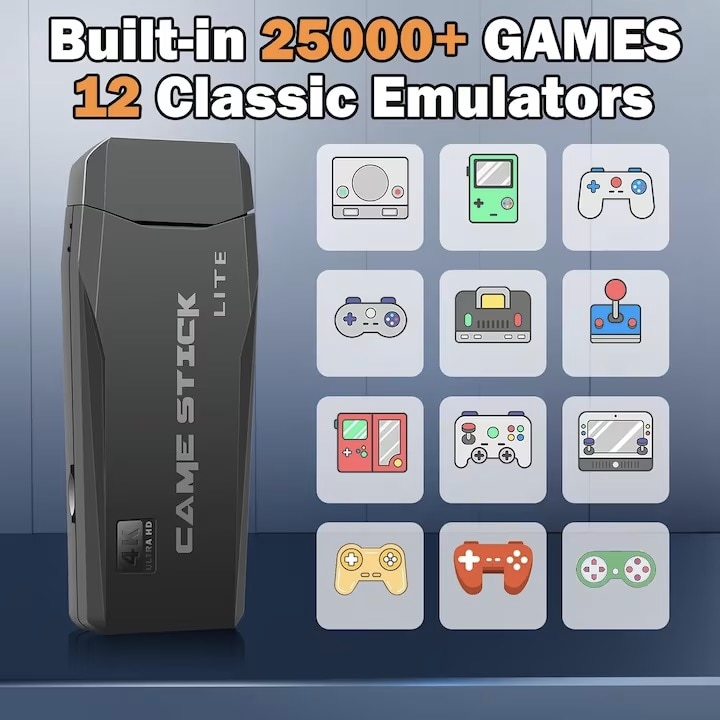 Consola Retro, 25000+ jocuri, 4K HDMI, 2 controlere wireless 2.4G, Negru, 64GB