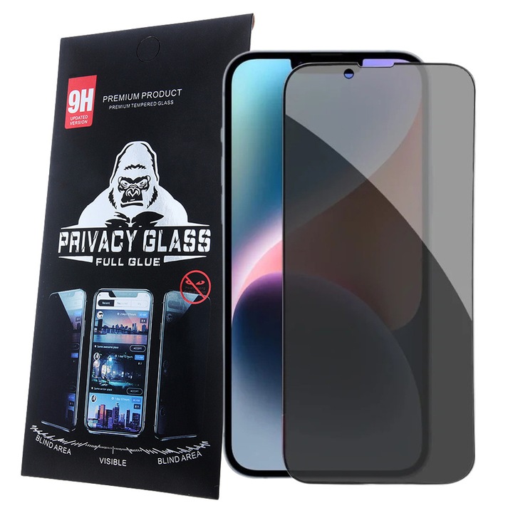iPhone 13 / 13 Pro / 14 / 16e kompatibilis üvegfólia, előlapi, edzett, hajlított, fekete kerettel, betekintés védelemmel, Privacy