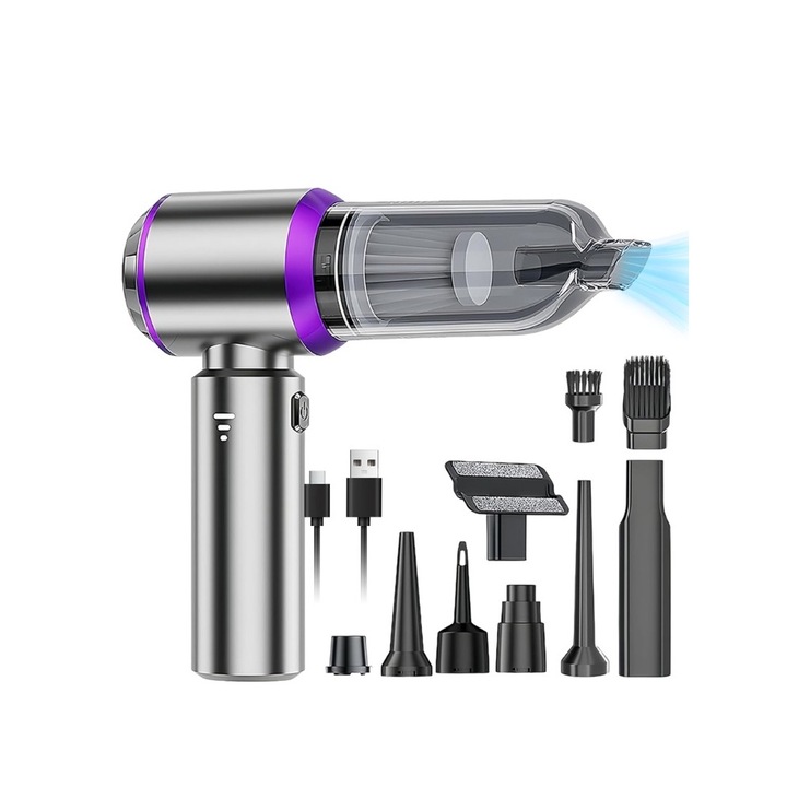 Aspirator Portabil Multifunctional, Comando Home, Pentru Masina / Casa si Locuri Greu accesibile, 3 Trepte de Viteza, Accesorii Incluse, Filtru Hepa, Lavabil, Functie Aspirare / Vidare / Pompare / Suflare, Alimentare USB, 120W, Argintiu / Mov