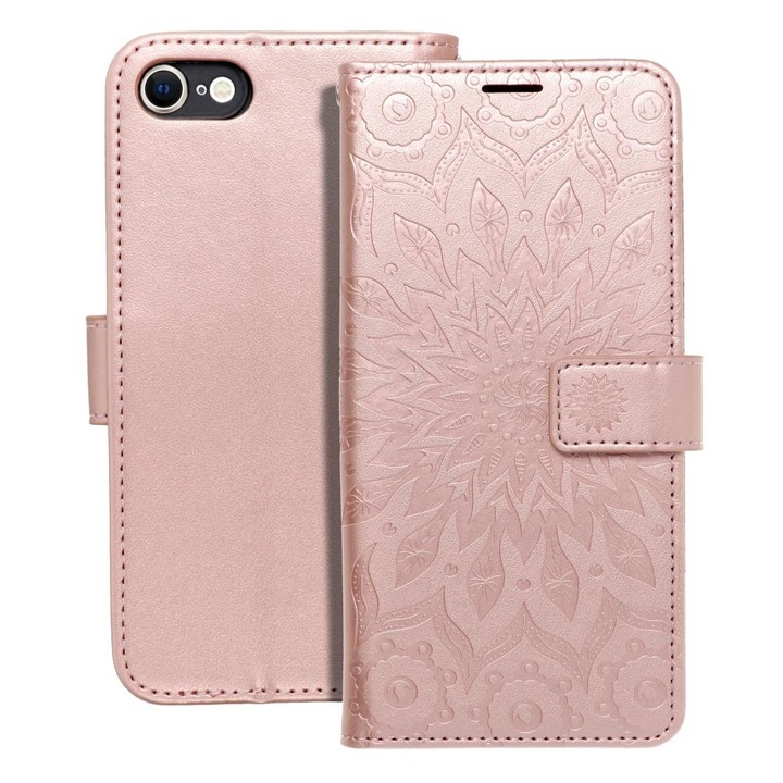 iPhone 7 / 8 / SE 2020 / SE 2022 kompatibilis telefontok, könyvtok, mágneszáras, bankkártyatartós, mandala mintás, rose gold, Forcell Mezzo
