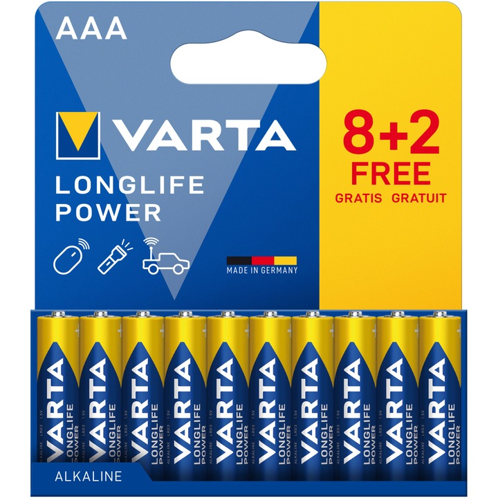 Baterii Alkaline Varta Longlife Power, AAA 8+2 buc